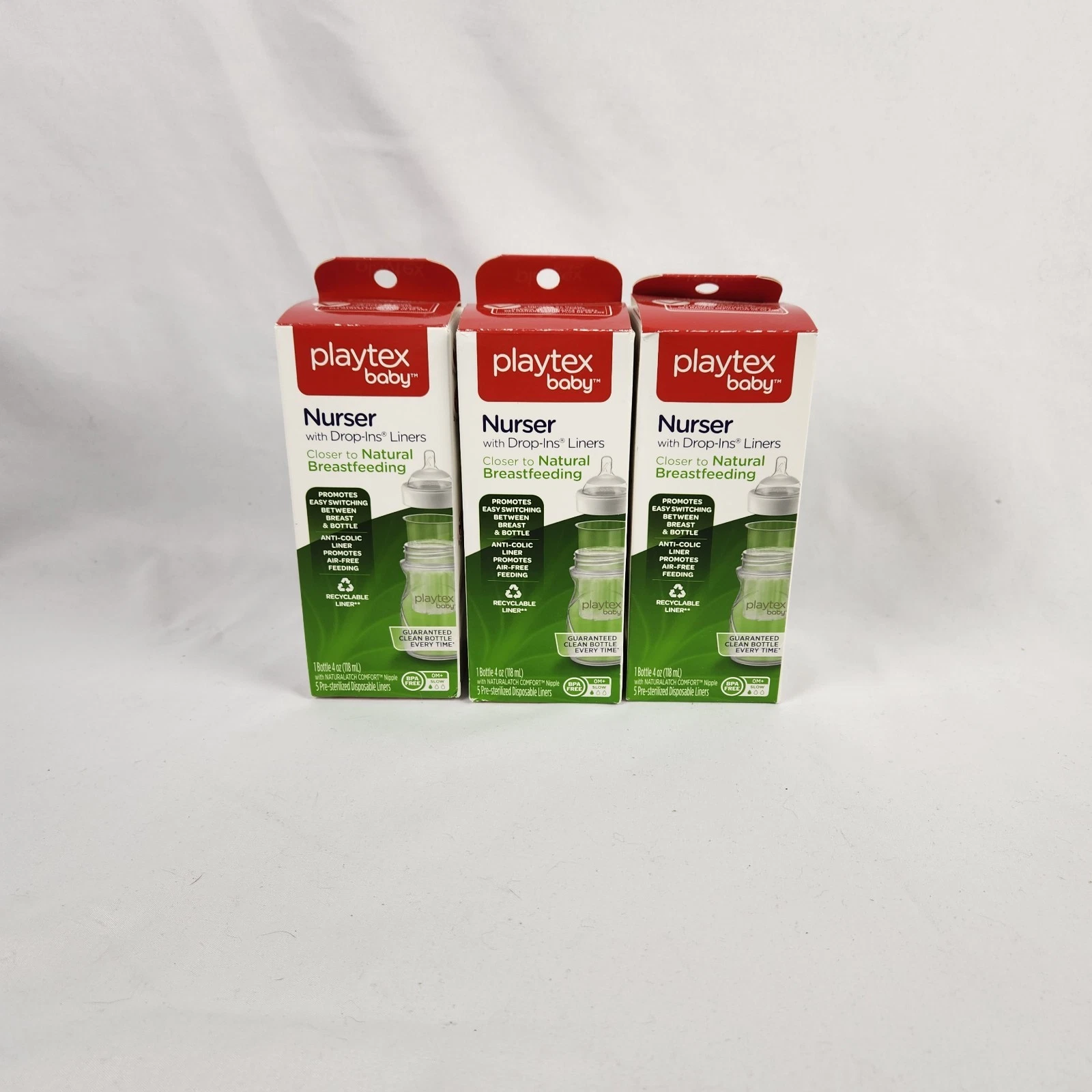New Playtex Baby Nurser with Drop-Ins Liners Baby Bottles 4 Oz Lot of 3 Bottles