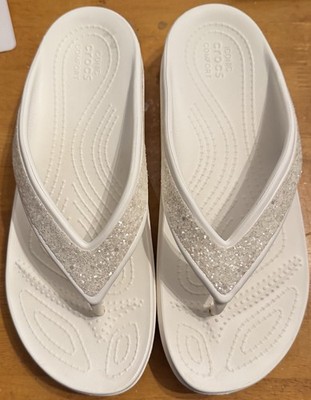 Crocs Women's Sloane Glitter Wedge Flip Flop Sandals in White Size 9