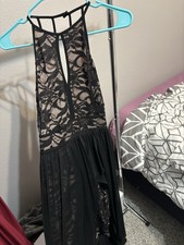 Morgan & Co. Black Lace Hi-Low Sleeveless Halter Sheer Floral Dress 3