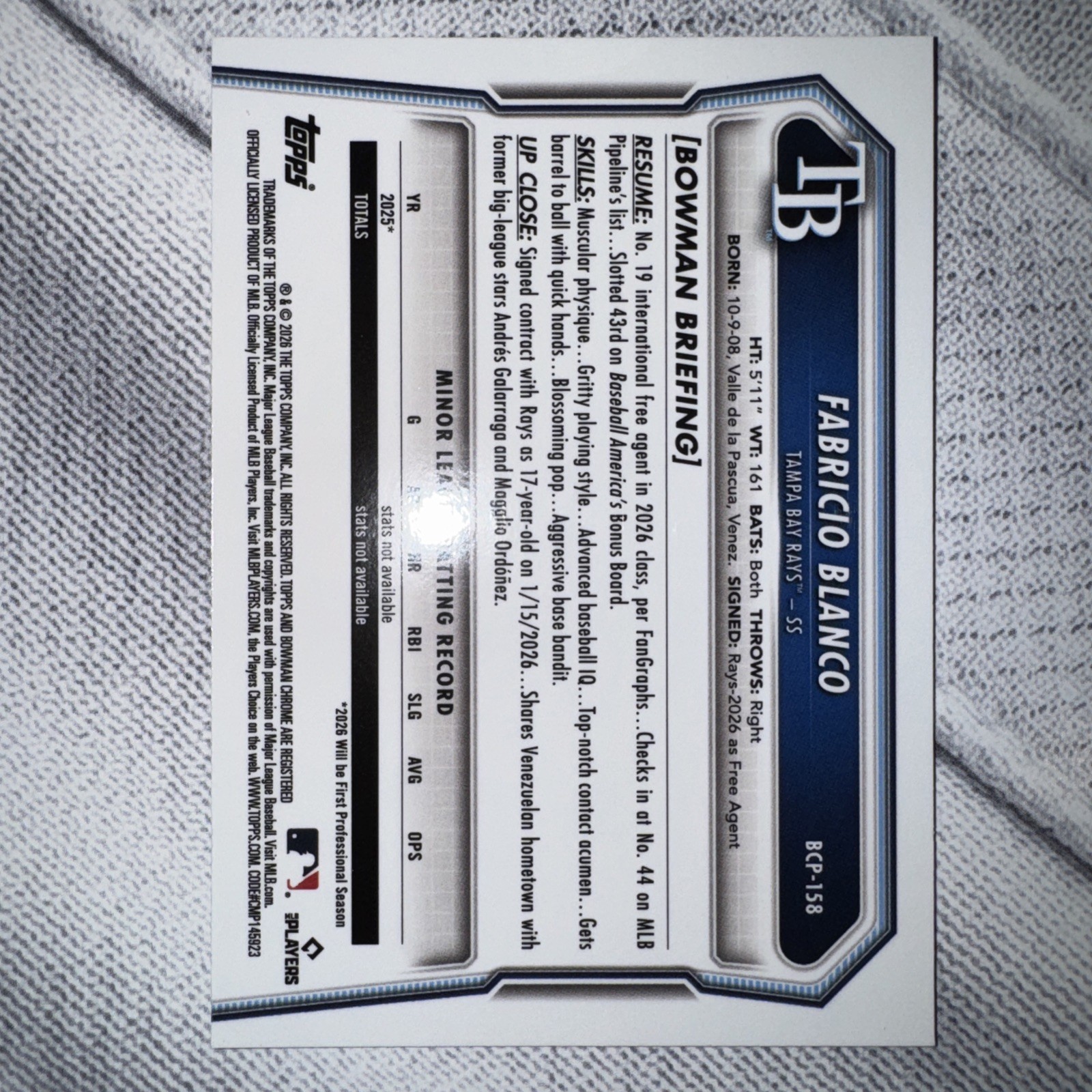 2026 Bowman Chrome Fabricio Blanco 1st Bowman Green Wave Refractor /99 Rays view 6
