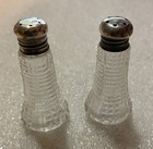 Vintage Glass Salt & Pepper Shakers Sterling Silver Tops Mini 2.4" Cut Glass — photo 2