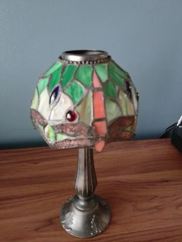 Vintage Tiffany Style Stained Glass Dragonfly Tea Light Lamp Candle Holder 9"