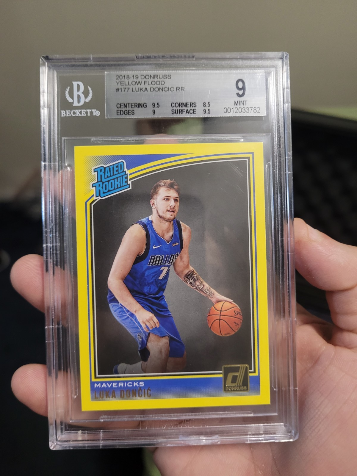 2018-19 DONRUSS LUKA DONCIC YELLOW FLOOD RATED ROOKIE CARD RC BGS 9 MAVERICKS SP