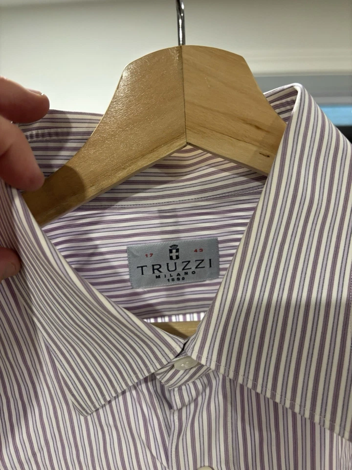 Hombres Truzzi Milano Púrpura/Blanco Rayas Algodón Camisa de Vestir Italia 17 EE. UU. 43 UE Foto 3 de 4