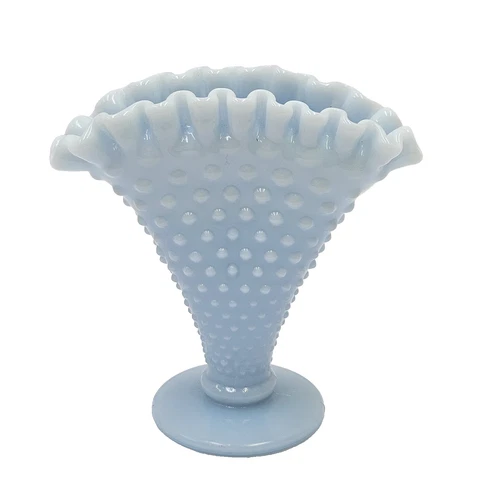 Rare Vintage Fenton Pastel Blue Milk Glass Hobnail Fan Vase Ruffled Rim