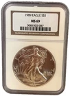 1989 American Silver Eagle $1 Dollar Coin One Troy Ounce 0.999 Fine NGC MS69