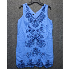 Talbots Petite Linen Cotton Shift Dress Size 12P Intricate Scroll Blue