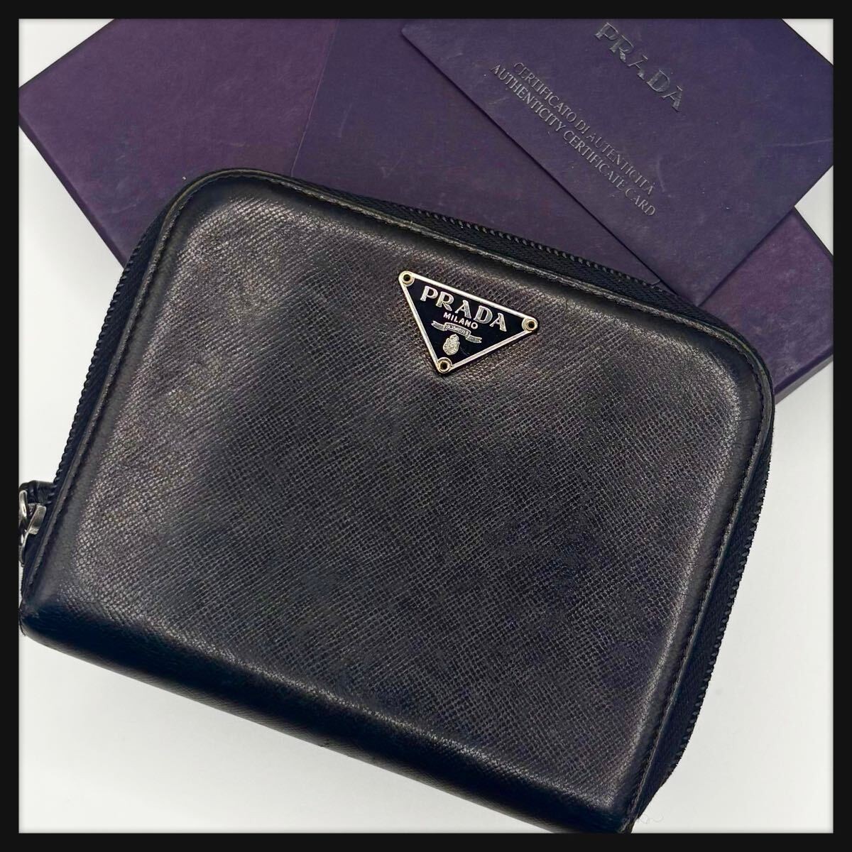 Prada Black Leather Bi-fold Wallet with Triangle Logo