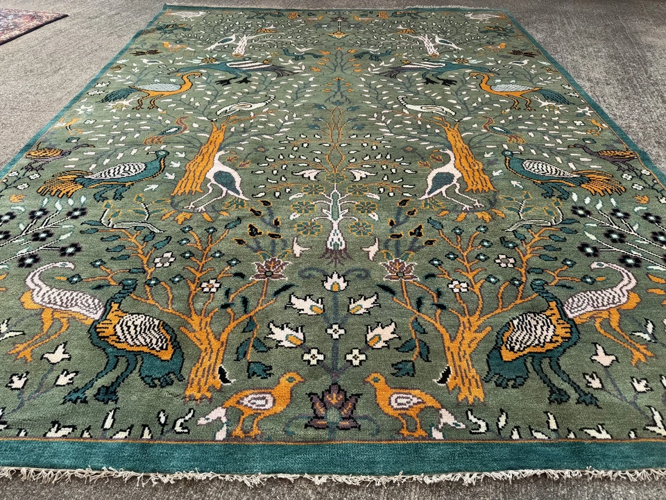 9 x 12 зеленый ковер ручной работы восточный ушак ручной работы новый мягкий птица животное бирюзовый синий - Изображение 2 из 4