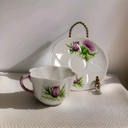 Shelley Tea Cup & Saucer, Purple Thistle, 13820 Fine Bone China England - Picture 2 of 10