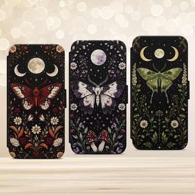 Handyhülle Witchy Moth Print für iPhone Samsung Pixel Flip Wallet Moon Celestial