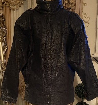Gino Di Giorgio Leather  Moto Jacket Women s M Black Abstract Zip Vtg 80s