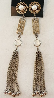 Miriam Haskell Long Drop Earrings Pearl, Crystal, Gold-tone, Clipon Vtg Signed