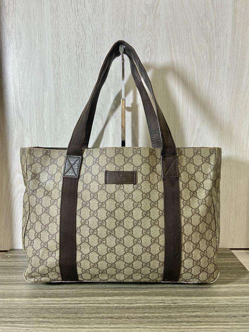 Gucci GG Supreme PVC Leather Tote Bag Beige Logo Used