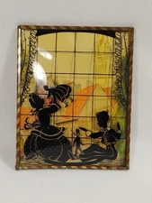 Vintage Reverse Silhouette Couple Baby Victorian Bubble Glass Framed Colored