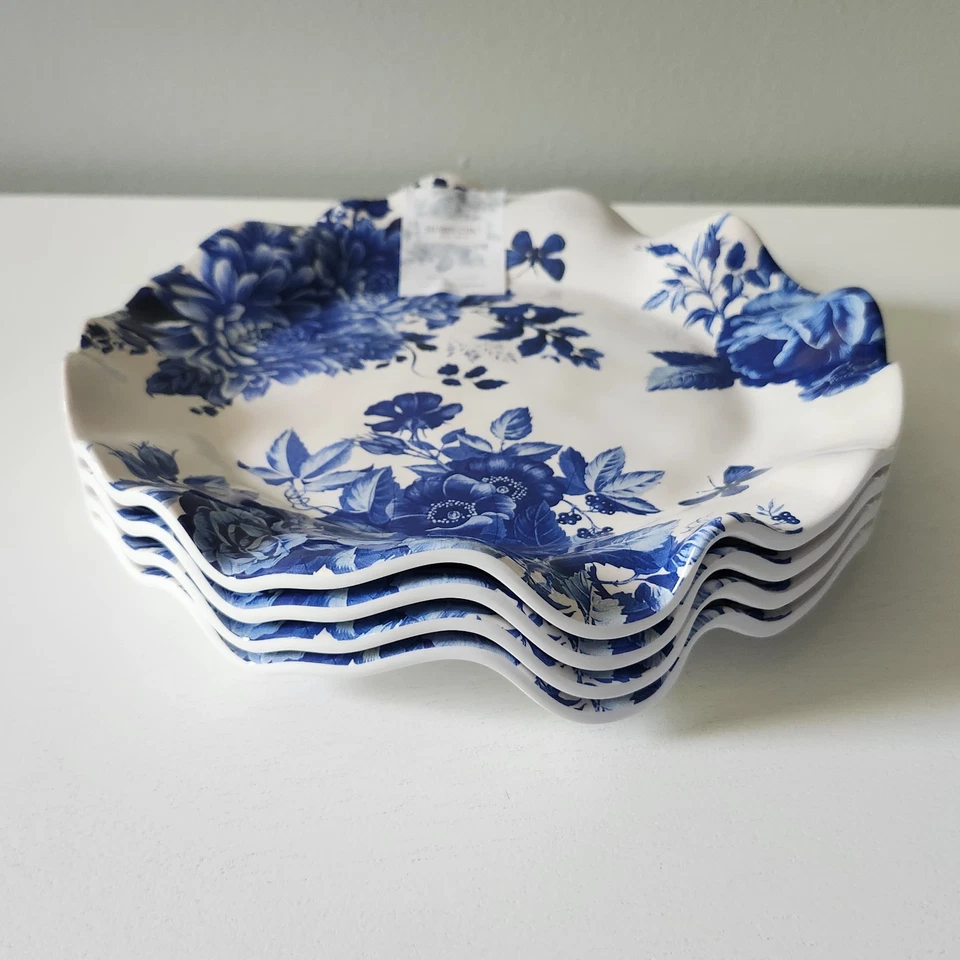 x4 Shabby Chic MELAMINE White Blue Flowers Salad Side Luncheon Plates Wavy Edge - Image 3 of 4