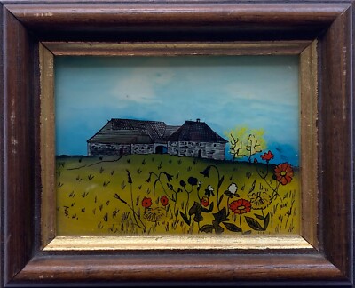 Naive Hinterglasmalerei Landschaft Blumen Bauernhof F.H. 11,4 x 9,2 cm