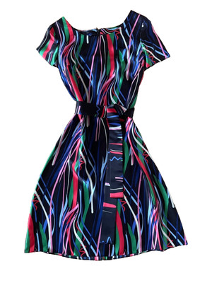 Custom Made 100% Silk Abstract Pattern T-Shirt Dress with Belt Women Size Small