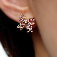 Women Stud Earrings Love Luxury Cute Style Rhinestone Alloy Bowknot - 1x Random