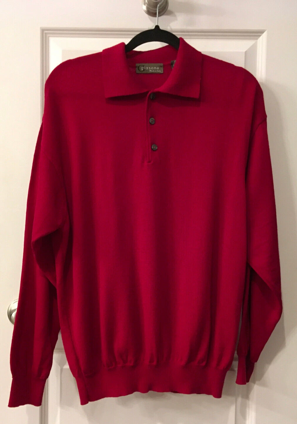 Giasone Men's 100% Merino Extra Fine Wool Sweater 1/4 Button Red Size M Italy