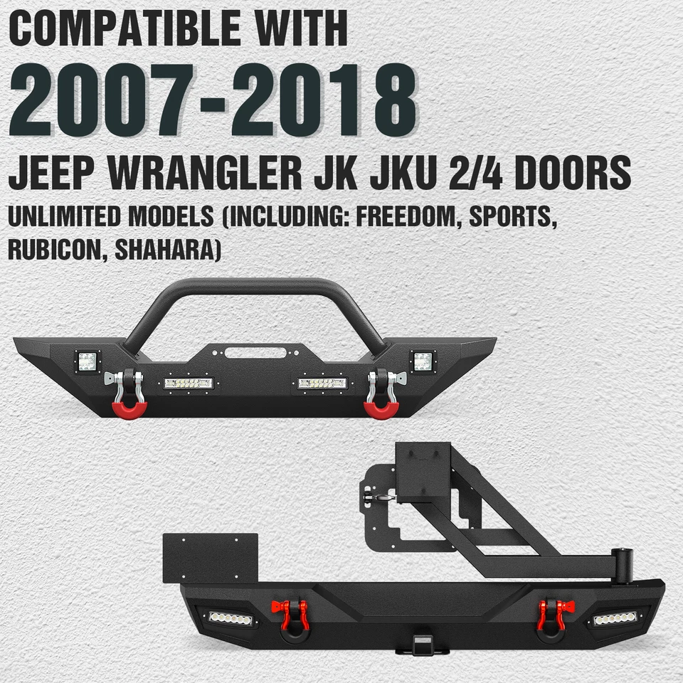 Front / Rear Bumper for 2007-2018 Jeep Wrangler JK JKU Unlimited with LED Lights - Image 2 of 4