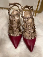 *100% AUTHENTIC* Valentino Garavani Rockstud Ankle Strap Pumps/Burgundy Red/38