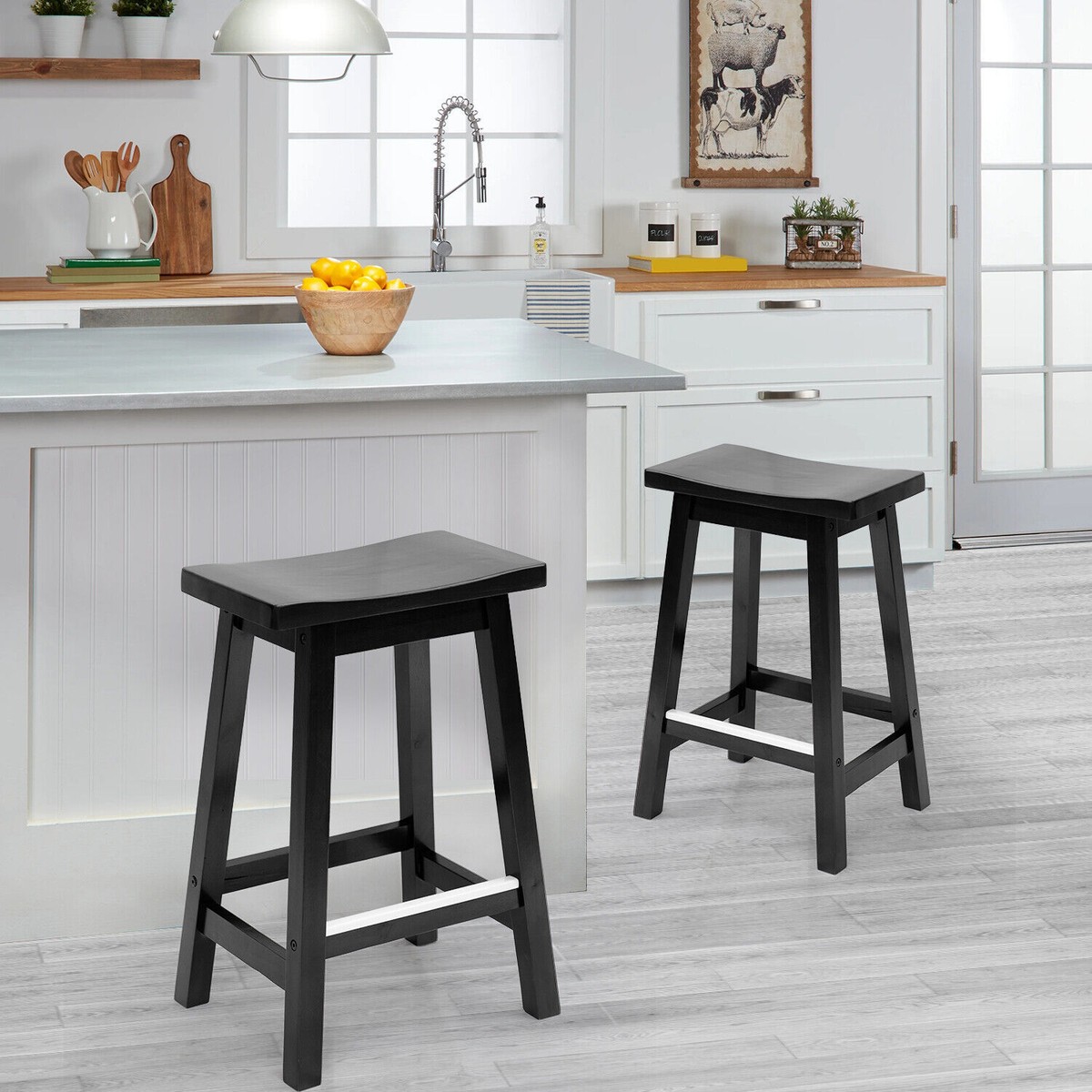 Set Of 2 Black Counter Height Bar Stools, 24 Inch Bonded Leather Saddle Seats, Heavy Duty Metal Base, Holds 400 Lbs