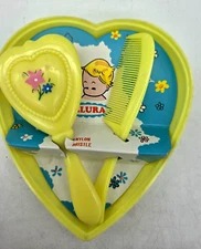Vintage baby brush and comb grooming set, Allura brand, yellow, NOS, Hong Kong