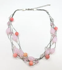 Multi Strand Pink Peach Pastel Quartz Glass Crystal Beaded Silver Tone Necklace