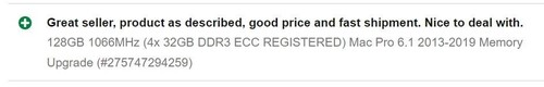 128GB 1066MHz (4x 32GB DDR3 ECC REGISTERED) Mac Pro 6.1 2013-2019 Memory Upgrade - Picture 6 of 9