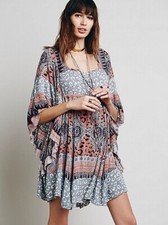 Free People Boho Flowy Printed Bell Sleeve Crisscross Back Hippie Mini Dress