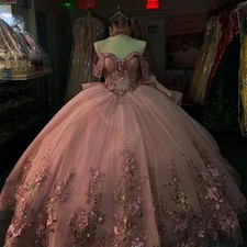 Princess Pink Ball Gown Quinceanera Dresses Appliques Off Shoulder Party Dress