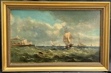 FINE c1877 SAILBOATS IN CHOPPY WATERS off COAST JOHN WILSON ANTIQUE OIL PAINTING