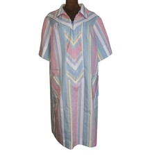 Vintage Housecoat Striped Retro House Dress Collared Pockets Unlined Handmade