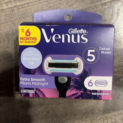 New  Venus Extra Smooth 6 Refill Cartridges Miami Midnight 5 Blades Sensitive