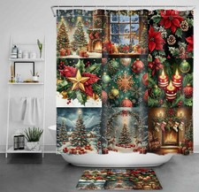 Colorful Patchwork Farmhouse Christmas Shower Curtain Set for Bathroom Decor