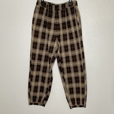 Brown Checkered Long Pants in a chocolate colorway Plaid Balloon pants Mo Zi