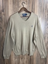 Polo Ralph Lauren Pima Cotton V Neck Sweater Beige/Brown Mens XL Blue Pony