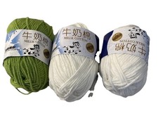 3PCS Milk Cotton Yarn,2 White/1 Apple Green Ply Acrylic Yarn 48 Grams Each New