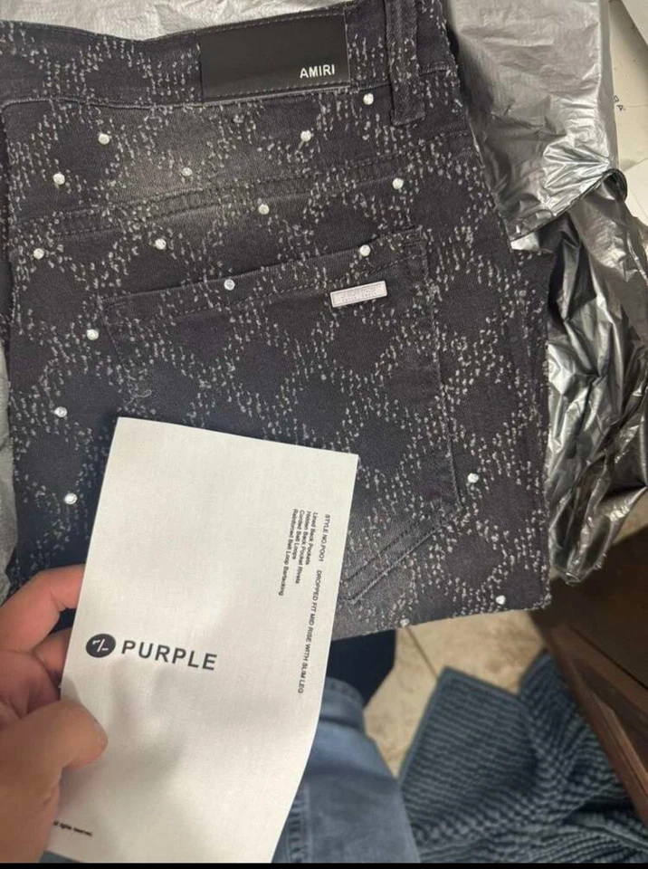 Pantalones de mezclilla desgastados acampanados acampanados ajustados morados para hombre Foto 2 de 3