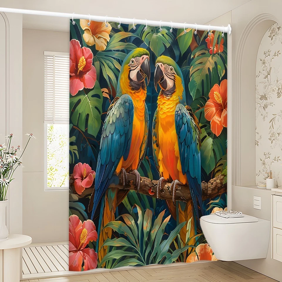 Cortina de Ducha Loro Tropical Pájaros Selva Floral Hojas Verdes Decoración Botánica Foto 4 de 4