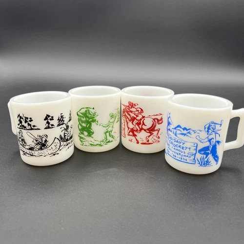 VTG 1950s Hazel Atlas Davy Crockett Child Milk Glass Mug Set of 4 Western Cowboy
