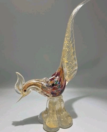 Vintage Mid Century Murano Pheasant Bird Jewel Tones Red Gold Aventurine 12" MCM