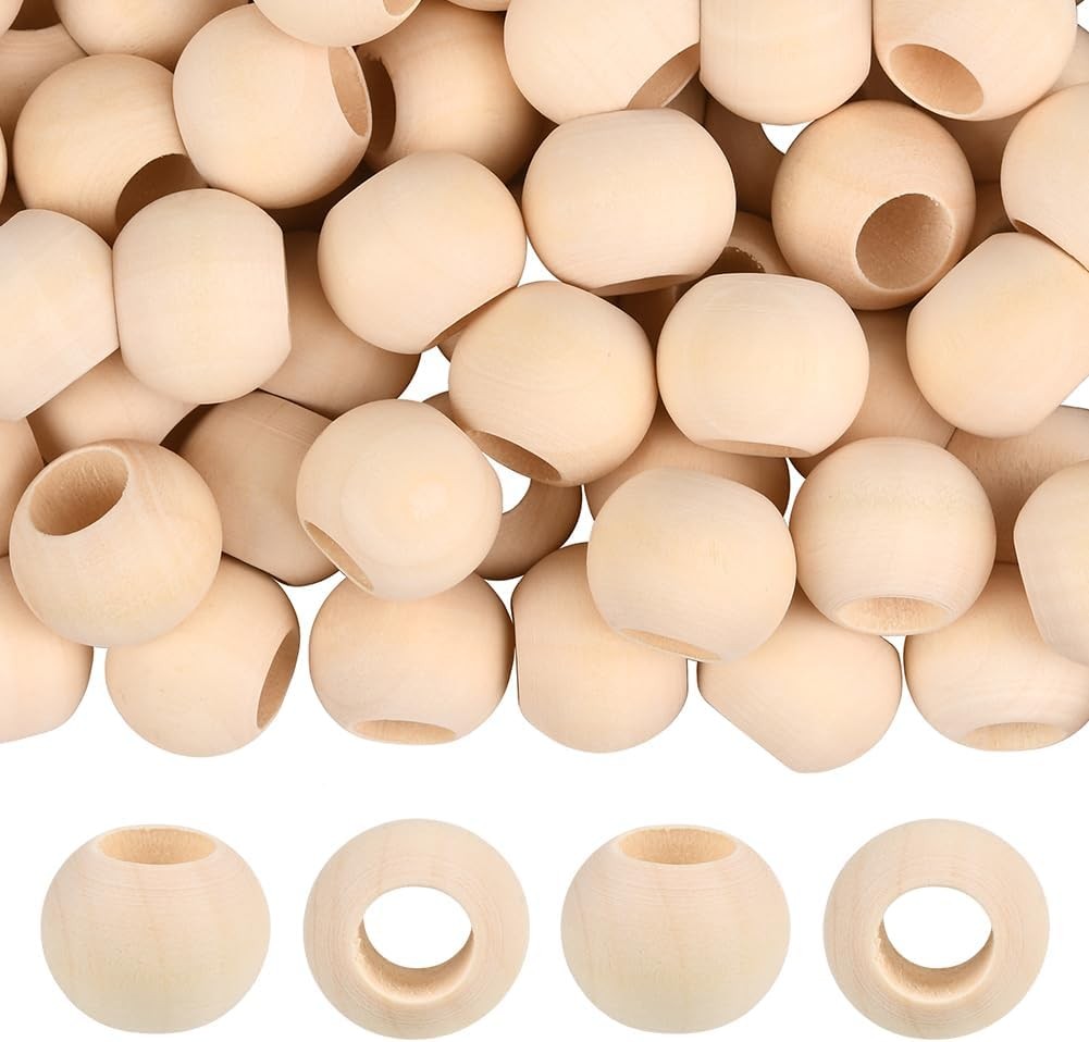 100PCS 20mm Natural Wood Beads with Large Hole Unfinished Macrame Wooden Round