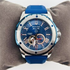 Bulova Men s Marine Star 98A282 Blue Dial Silicon Blue Strap Automatic Watch New