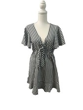 NWT SHEIN Black White Checkered Gingham V Neck Ruffled Hem Dress Medium