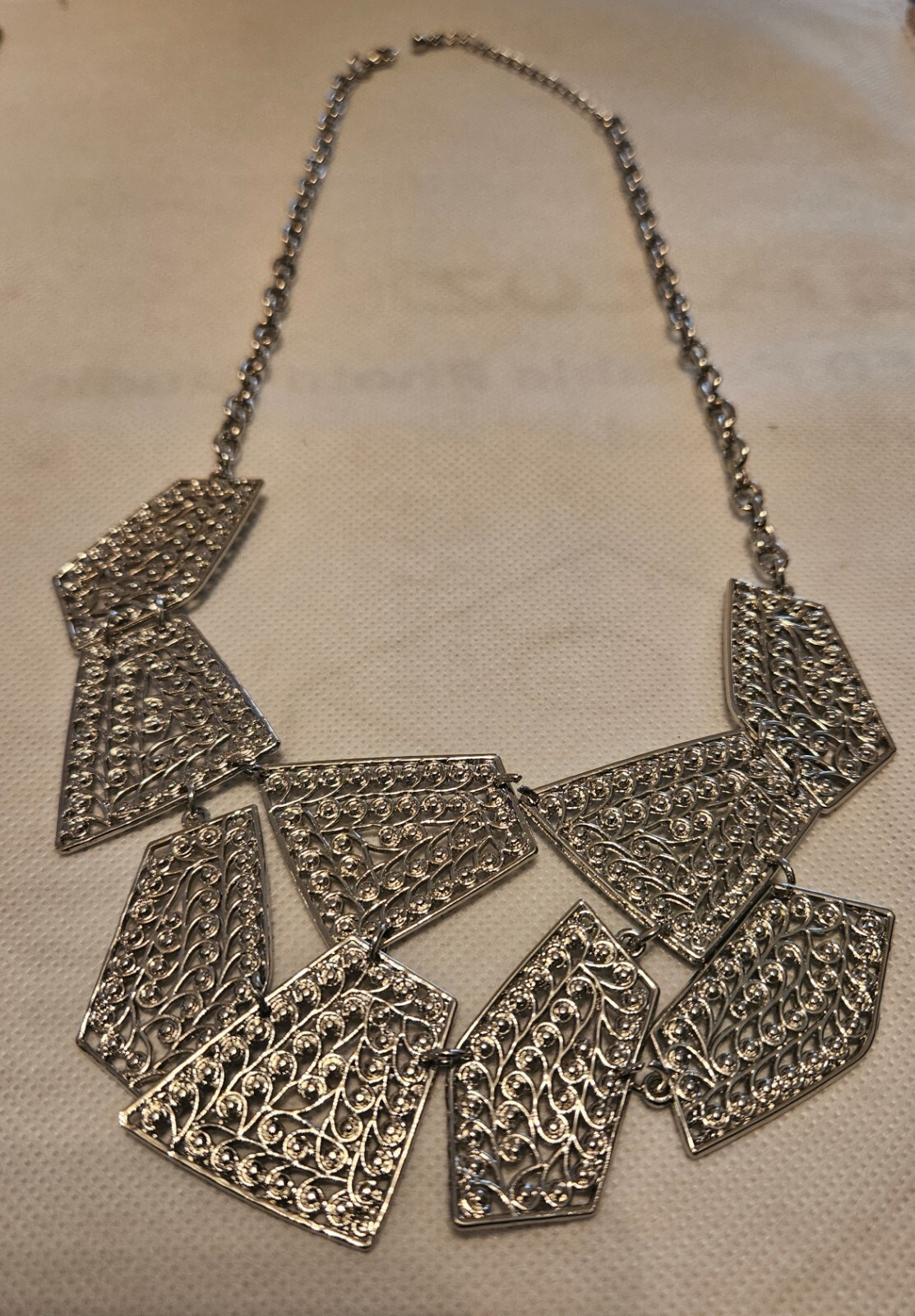 Statement Necklace Silver Geometric Filigree Part… - image 5