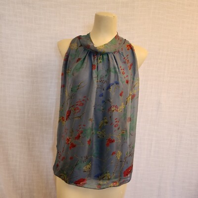 Elena Baldi  W S Teal Silk Blend Sleevless Tie Neck Blouse W/ Knit Lining A238