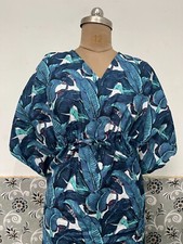 Indian Blue Leaf Floral Kaftan Summer Bikini Cover Up Maxi Gown Beach Kimonos US