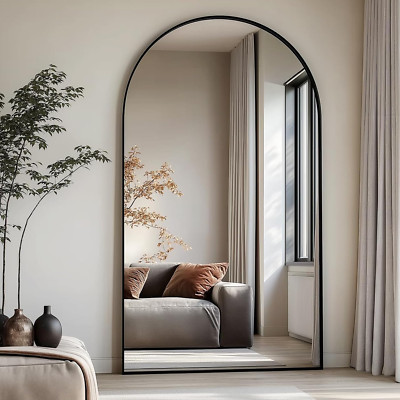 Large Arched Full Length Mirror 76''x34'' - Stylish Black Floor Mirror with Stand